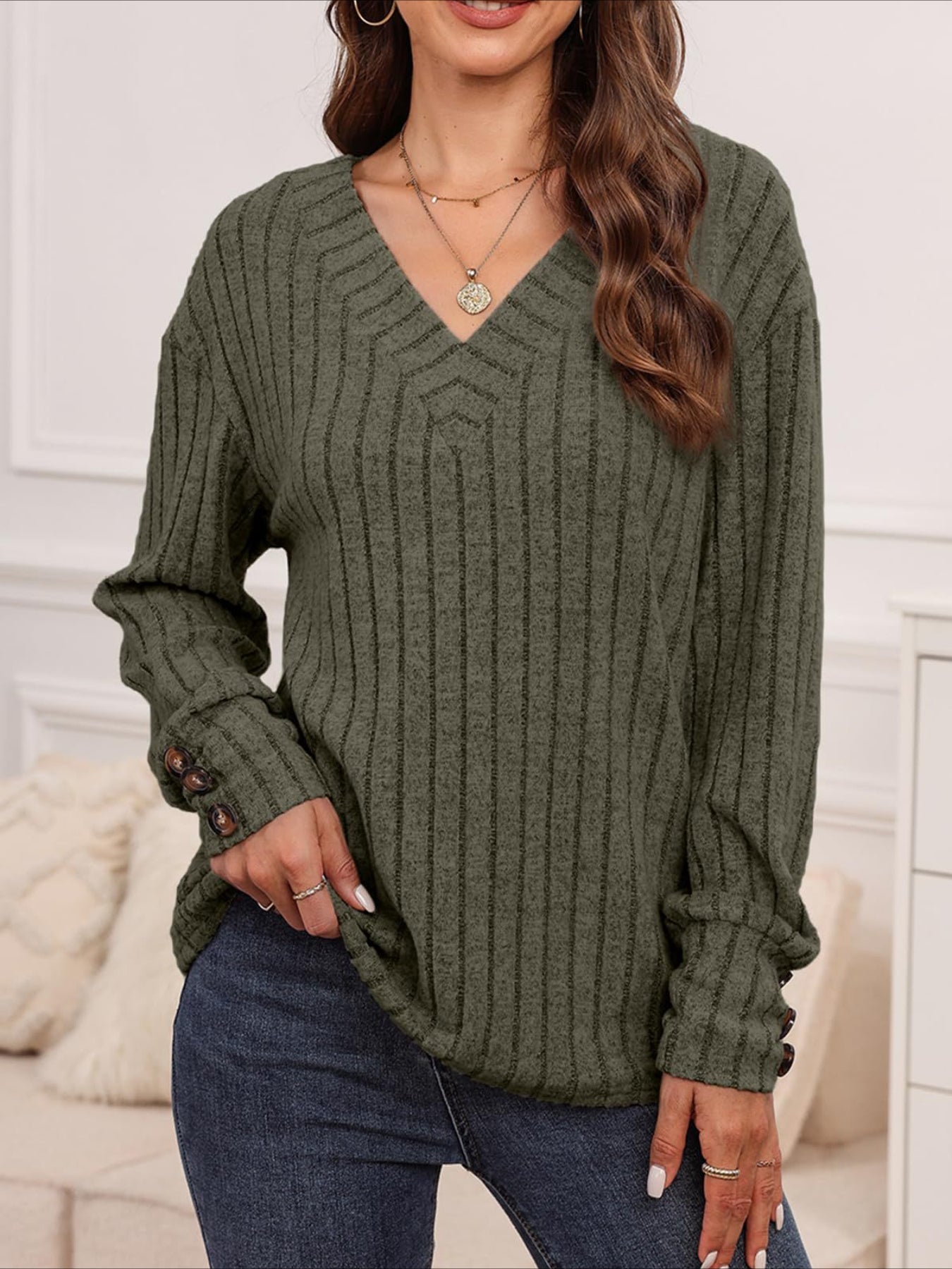 Womens Ribbed Button Detail T-Shirt - Fashionable V-Neck Long Sleeve Top