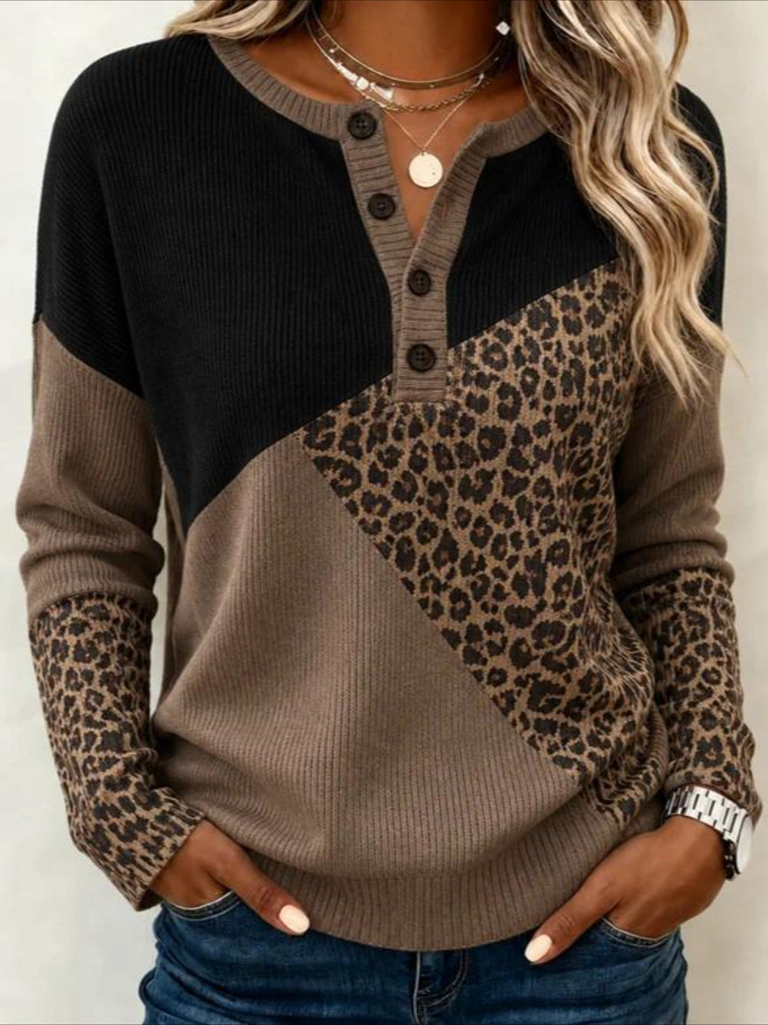 Leopard Printing Color Blocks Button Long Sleeve T-Shirt