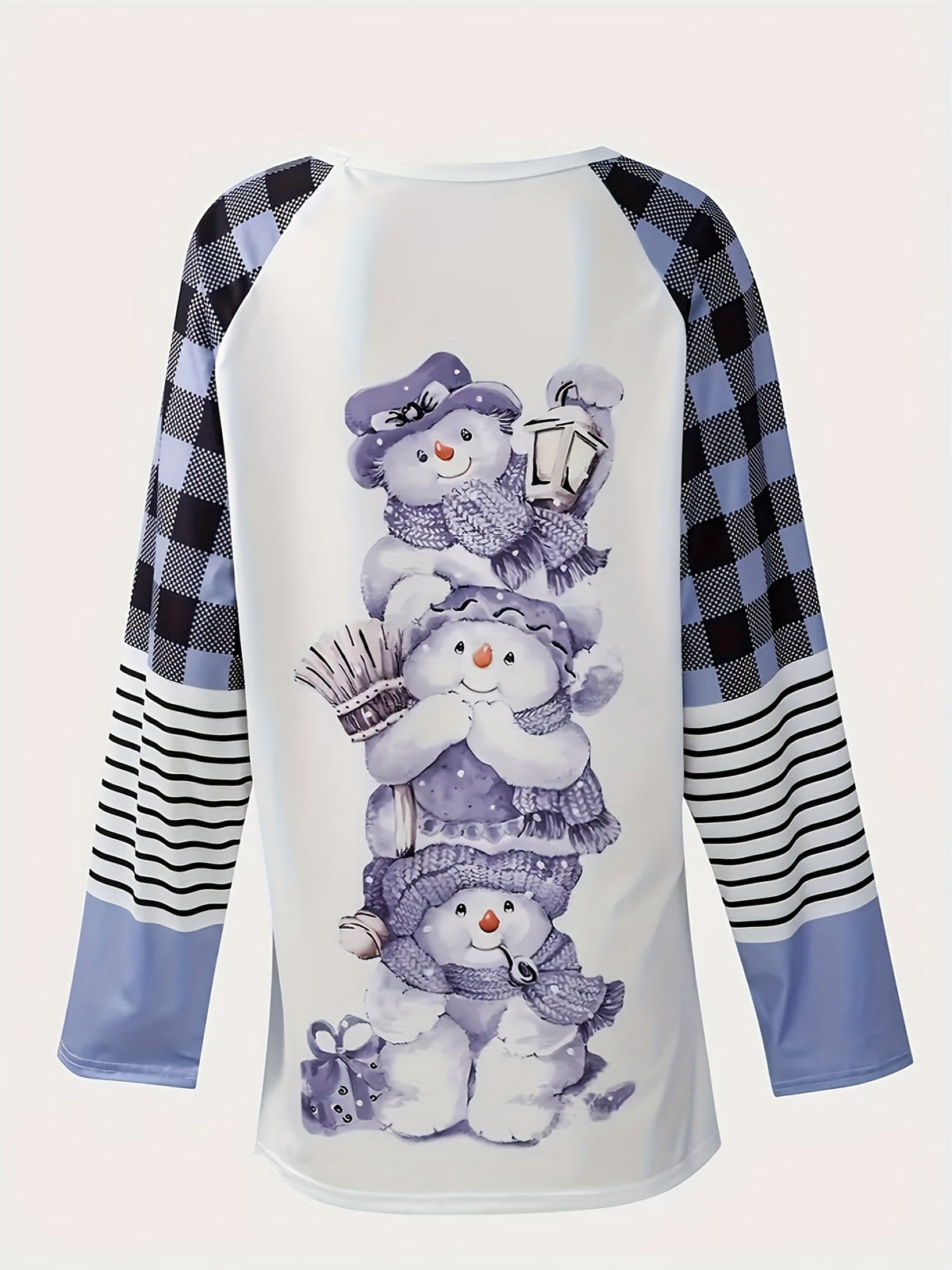 Casual T-shirt, Women's Colorblock Gingham & Stripe & Bear Print Long Sleeve Round Neck Tunic Top