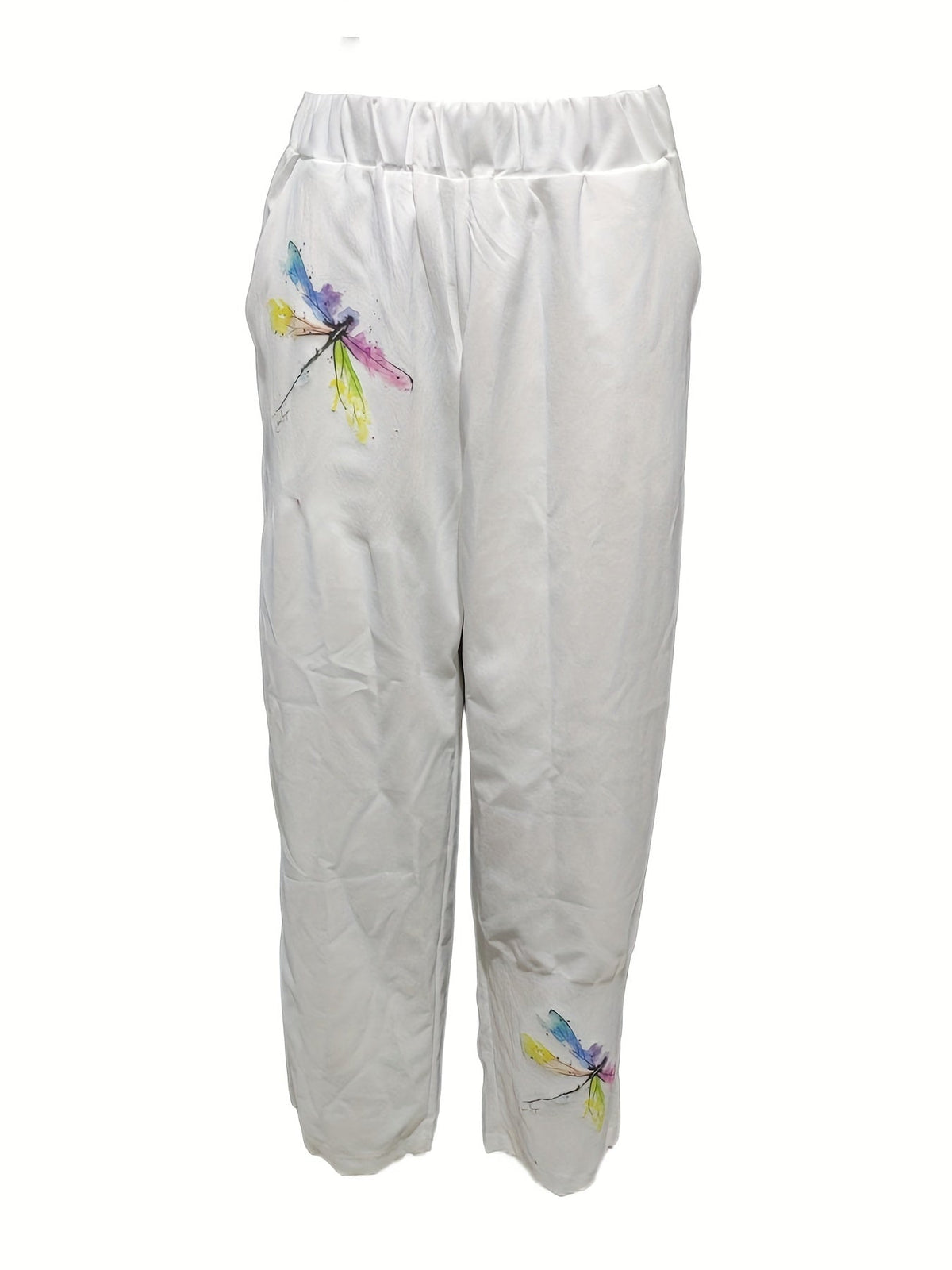 Boho Dragonfly Print Pants, Vintage High Waist Long Length Summer Pants