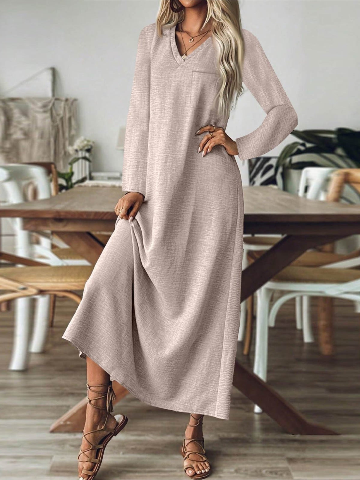 Back Zipper Solid Color Long Sleeve Cotton and Linen Dress