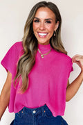 Bright Pink Solid Color Ribbed Knit Mock Neck Loose Short Sleeve Sweater