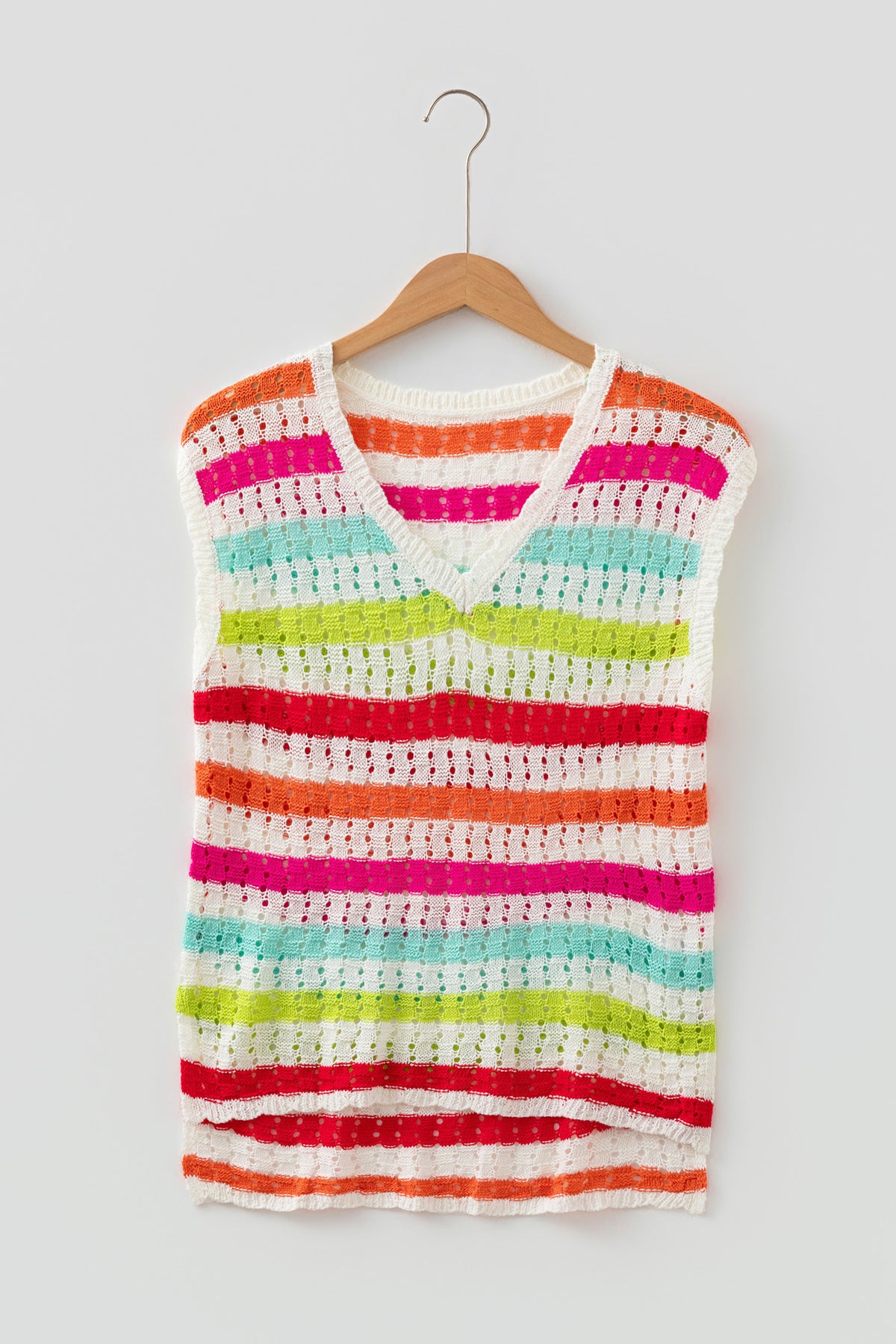 Multicolour Striped Eyelet Knit V Neck Sweater Tee