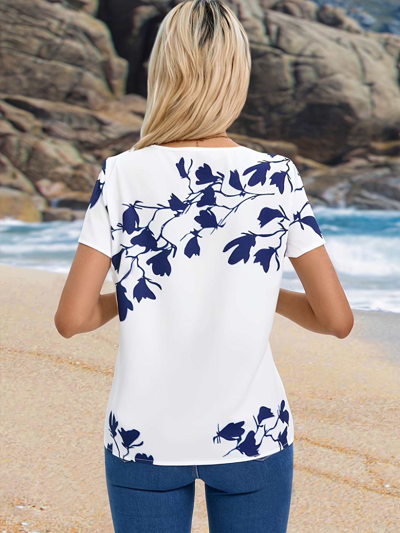 Floral Print Button Front Blouse, Casual Crew Neck Short Sleeve Blouse