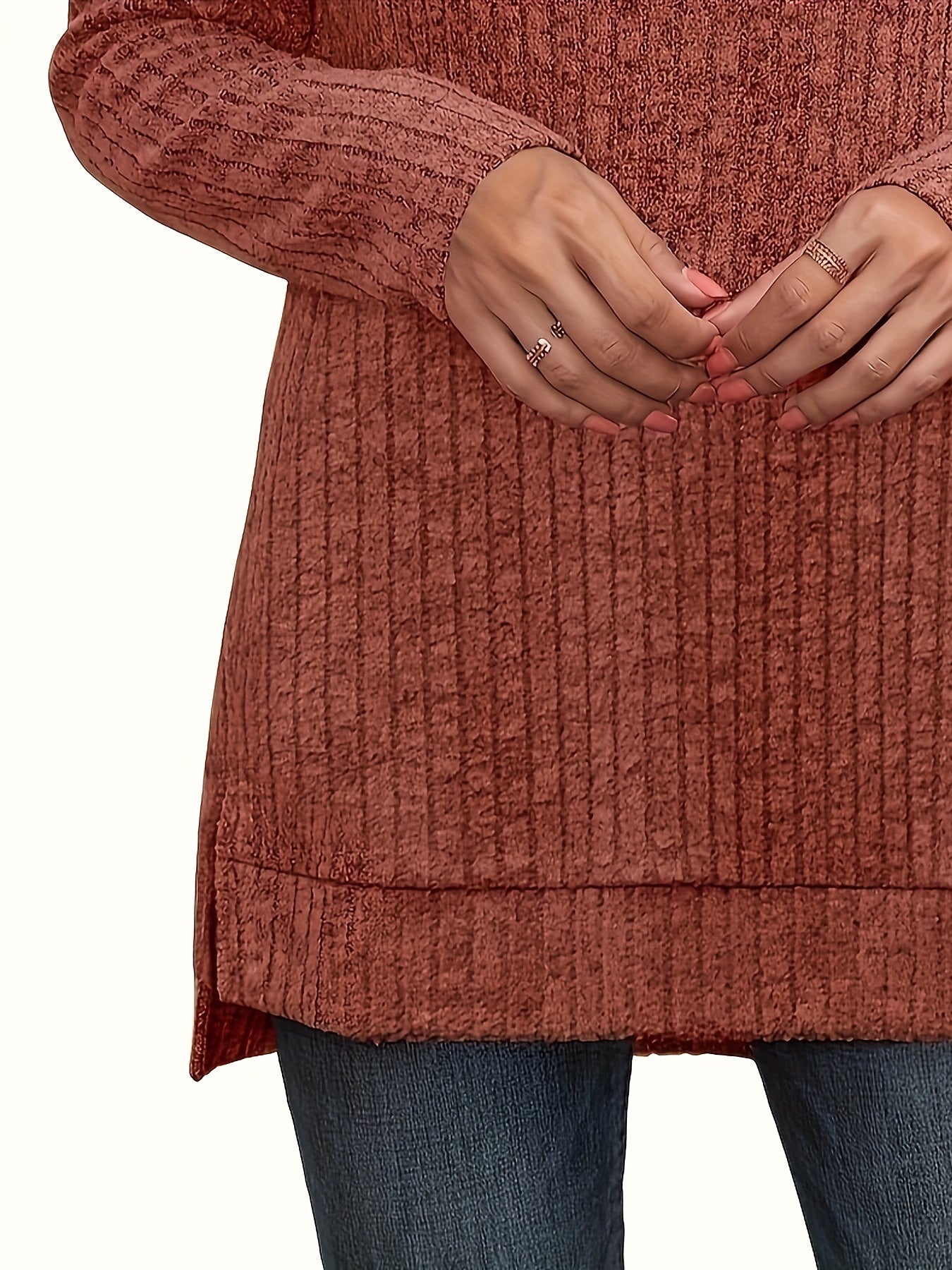 Ribbed Crew Neck Side Split T-Shirt, Casual Long Sleeve Top