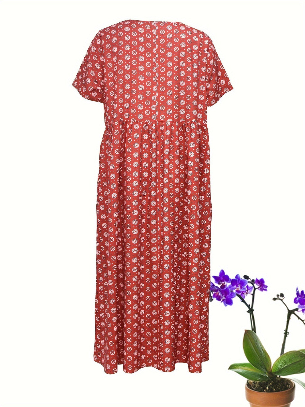 All Over Print Dress, Casual V Neck Short Sleeve Dress