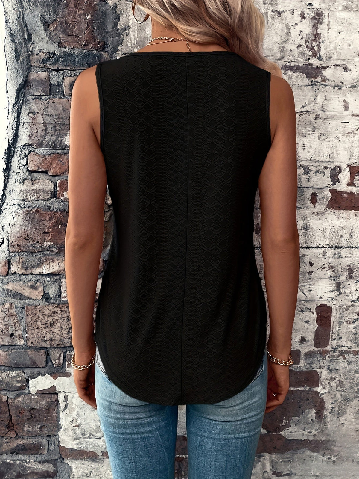 Eyelet Solid Tank Top, Casual V Neck Summer Sleeveless Top