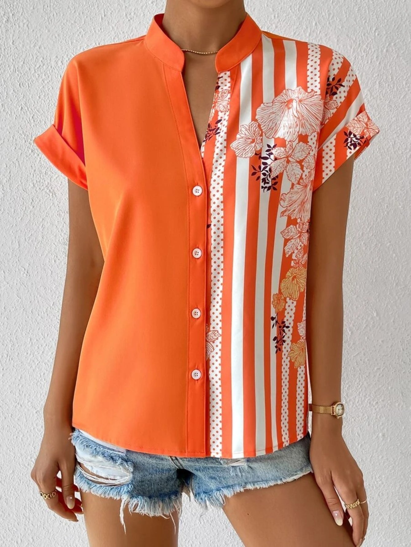 Women's Floral Print Contrast Blouse - Casual Cap Sleeve Collar Top for Effortless Style