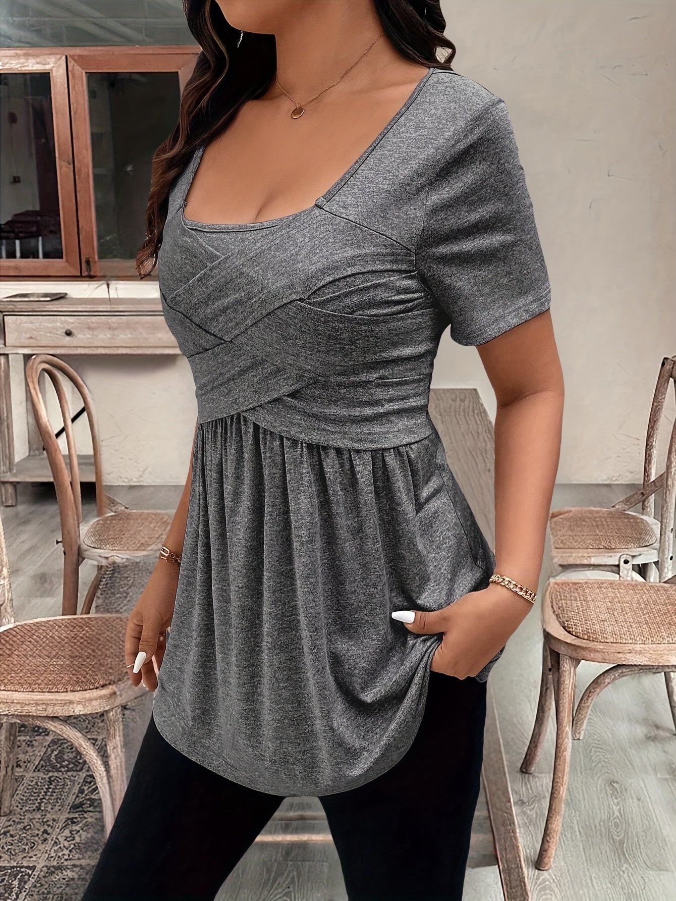 Solid Color Square Neck Slim-Fit Short Sleeve Cross-Strap Top
