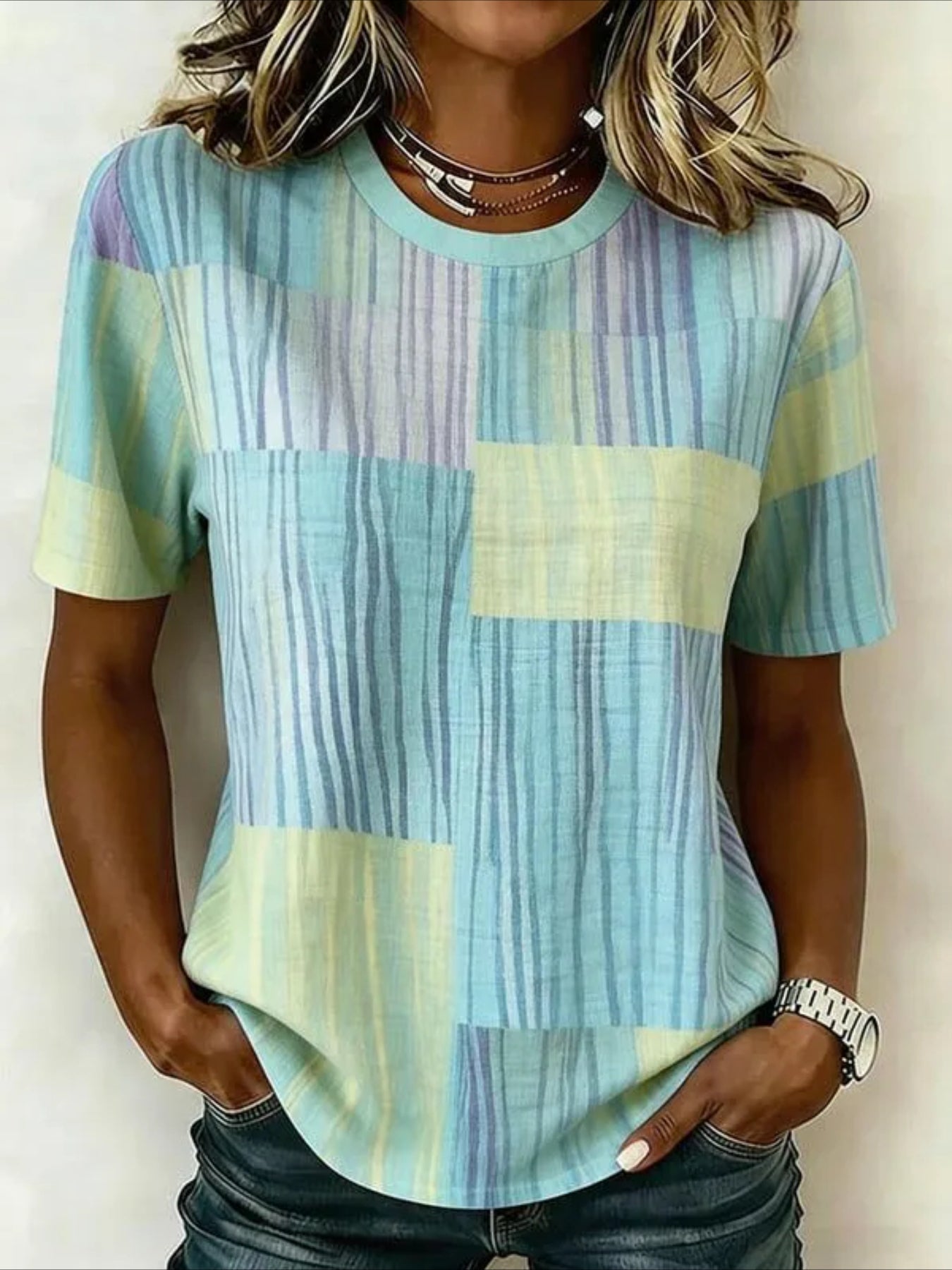 Stripe Casual Pattern Crew Neck Short Sleeve T-shirt