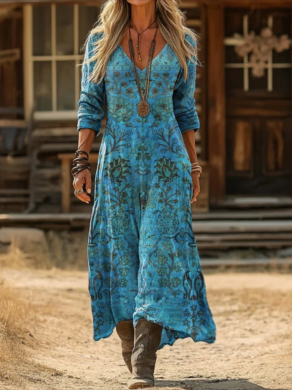 Vintage Ethnic Floral Digital Print Long Sleeve Dress