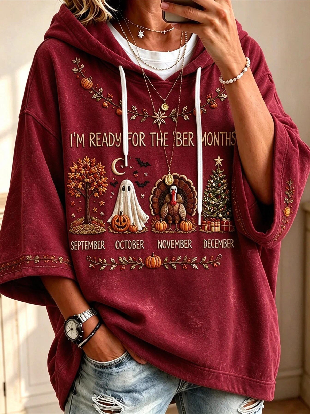 Casual Maple Leaf Printing Half Sleeve Hoodie