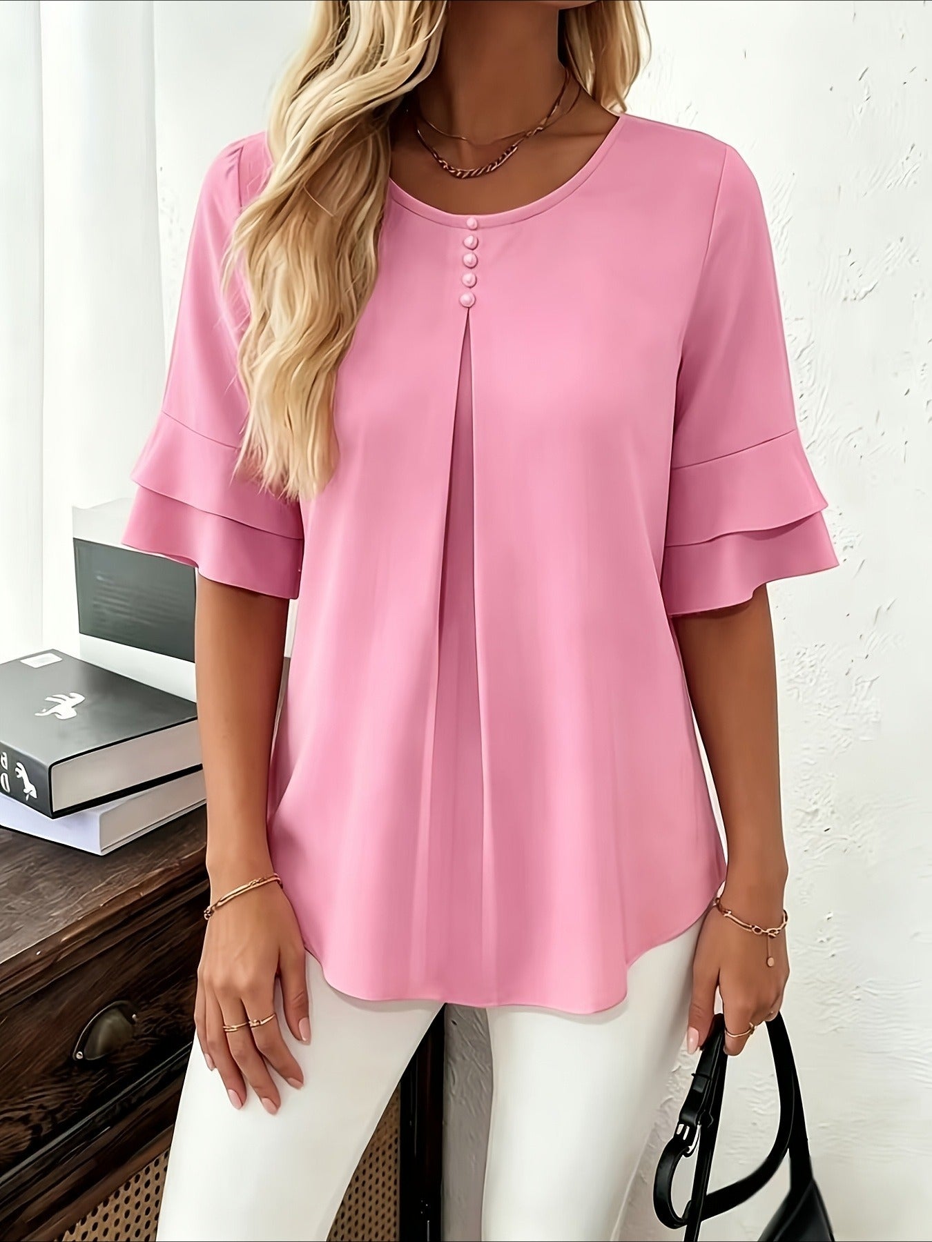 Elegant Fashion Summer Loose Solid Round Neck Button-Up Shirt Flared Sleeve Ruffle Top