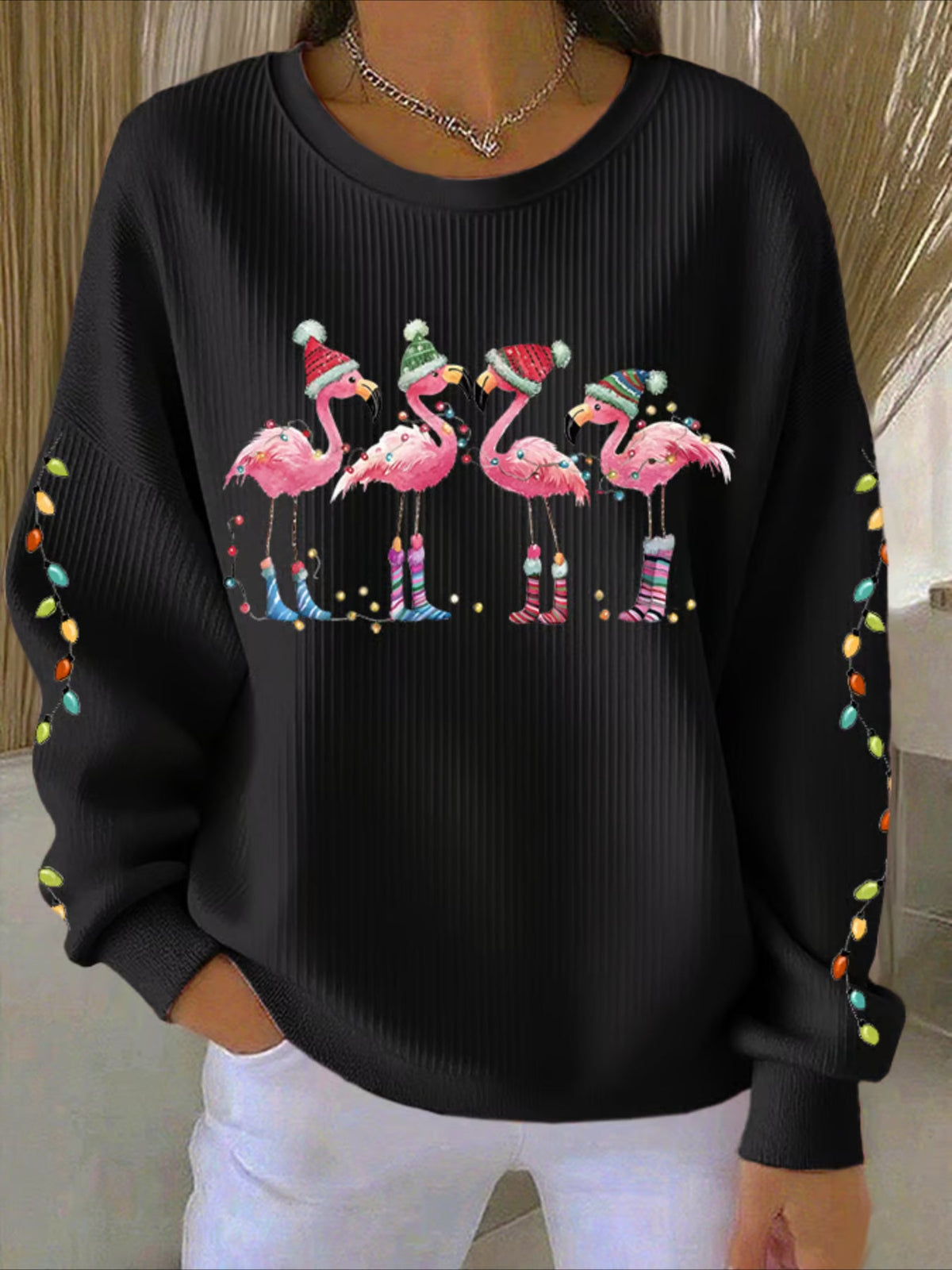 Christmas Printed Crew Neck Floral Long Sleeve Sweater Hoodie