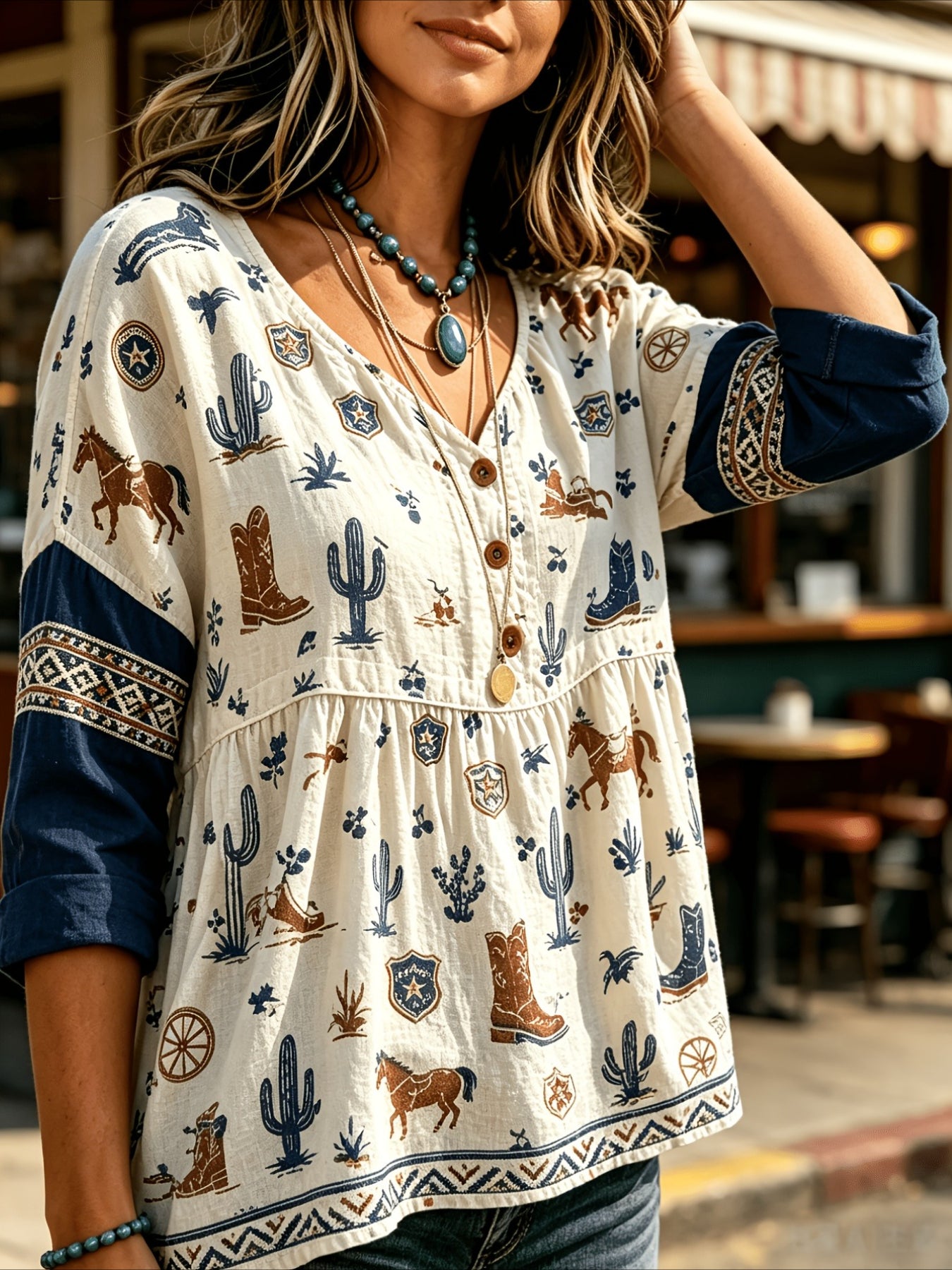 Floral Print 3/4 Sleeve V-Neck Three-Button Front Babydoll Blouse