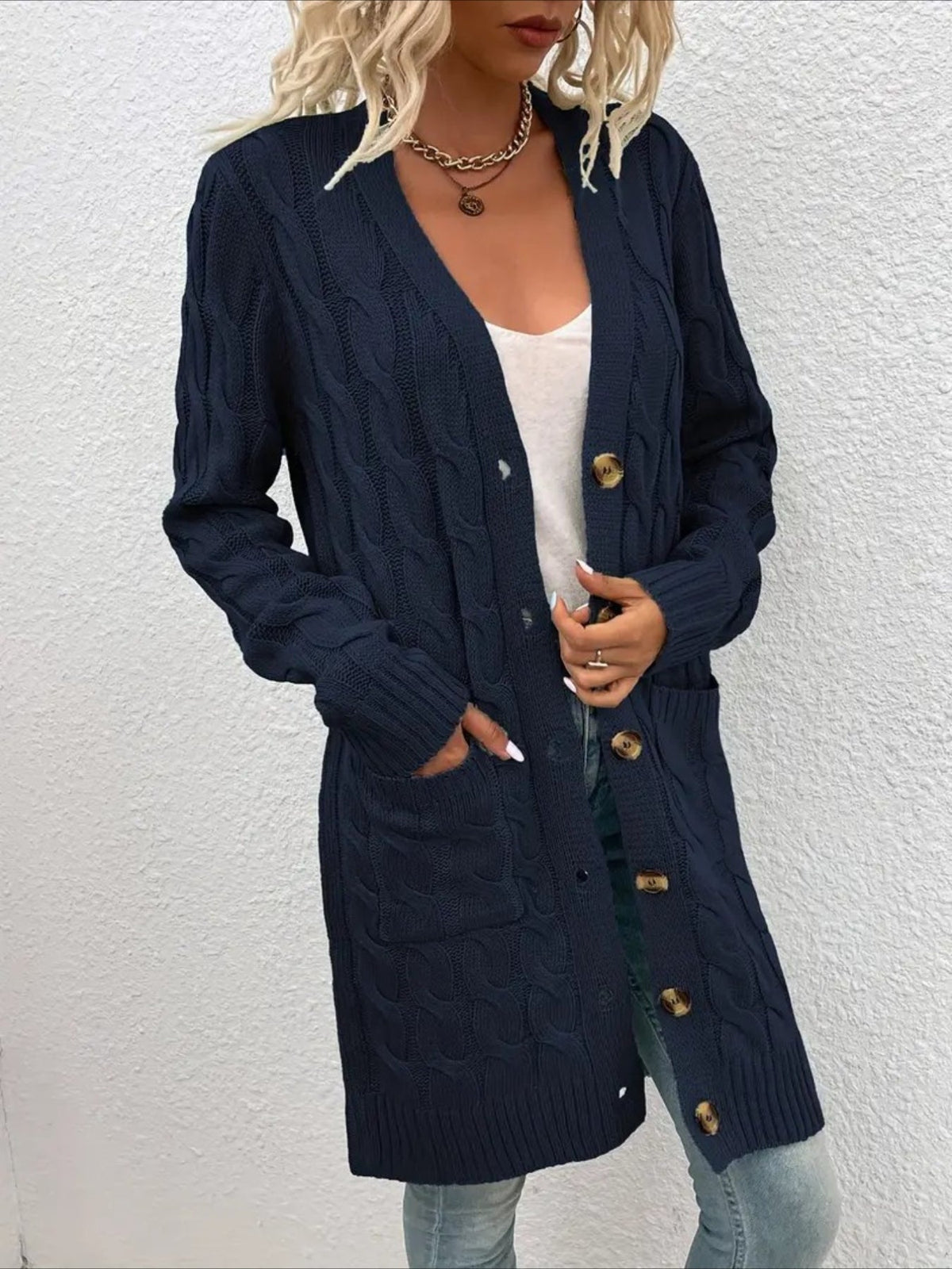 Elegant Long Nylon Soft Warm V-Neck Long Sleeves Sweater with Button Front