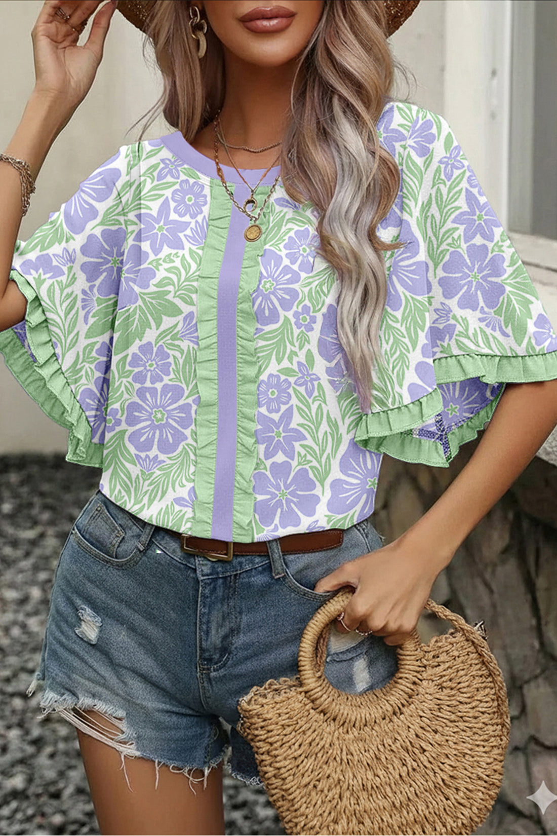 Purple Floral Print Ruffled Color Block Trim Half Sleeve Blouse