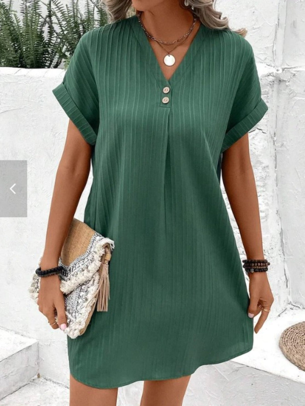 Button Decor V Neck Dress, Elegant Short Sleeve Dress