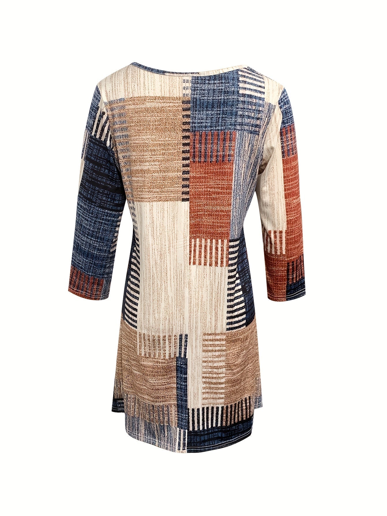 Stylish Knitted Graphic Print Casual A-line Knee Length V Neck Long Sleeve Dresses