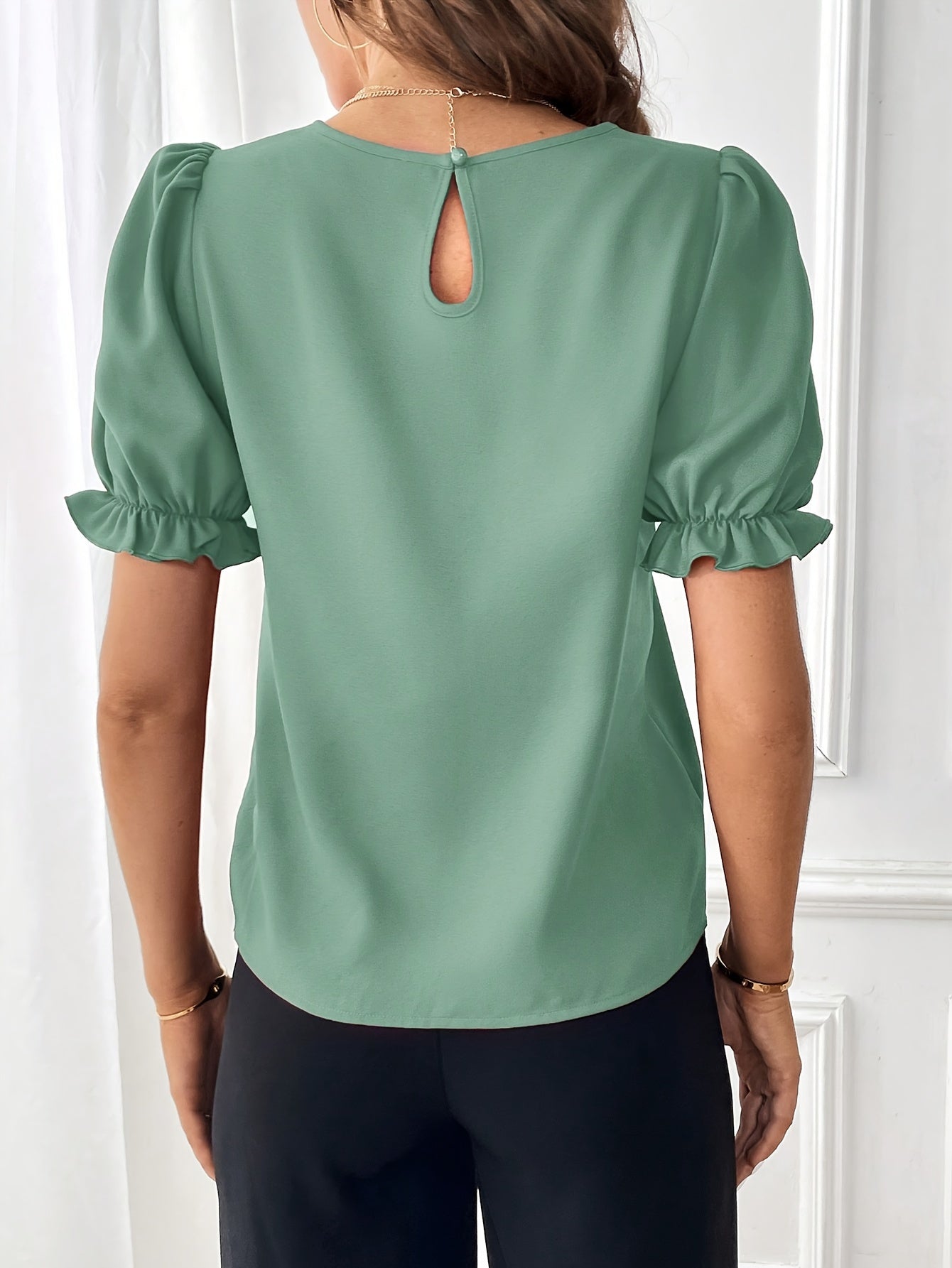 Solid Crew Neck Blouse, Elegant Puff Sleeve Blouse