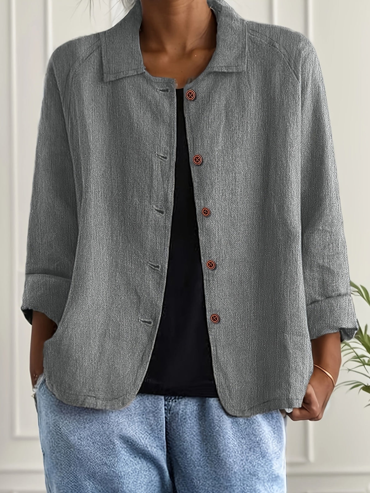 Long Sleeve Button-Up Solid Color Lapel Collar Shirt