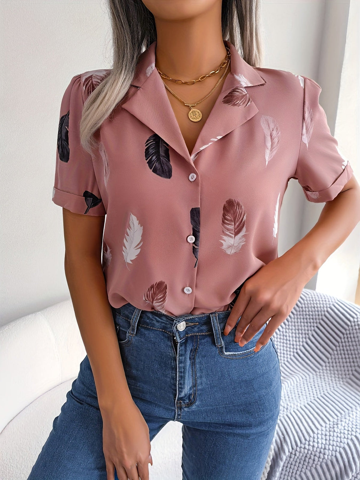 Feather Print Button Front Shirt, Casual Lapel Short Sleeve Shirt