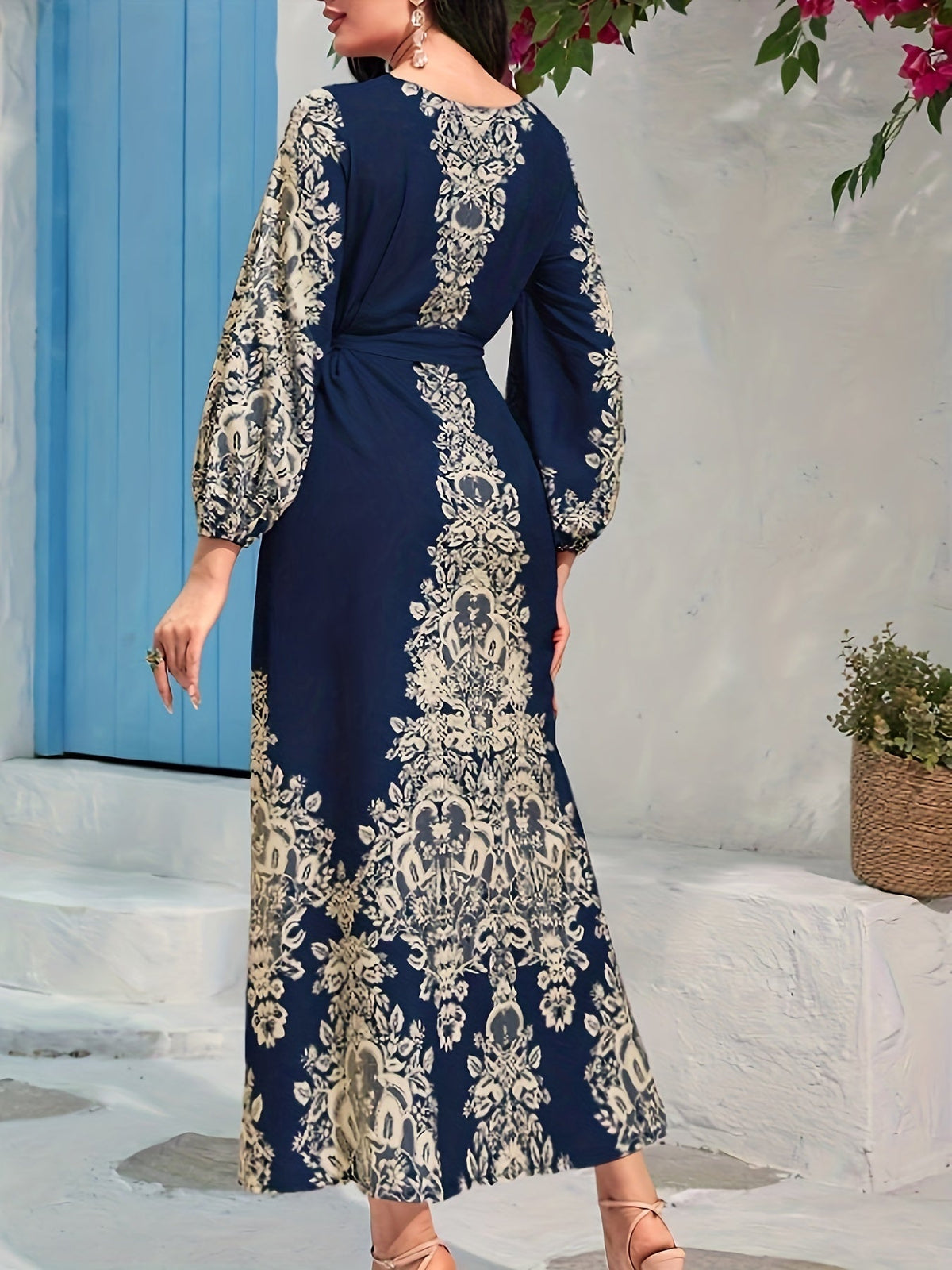 Graphic Print Tie Waist Kaftan Dress, Elegant Lantern Sleeve Maxi Length Dress
