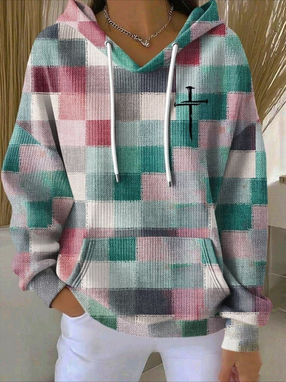 Contrast Stitching Printing Long Sleeve Pullover Hoodie Sweatshirt