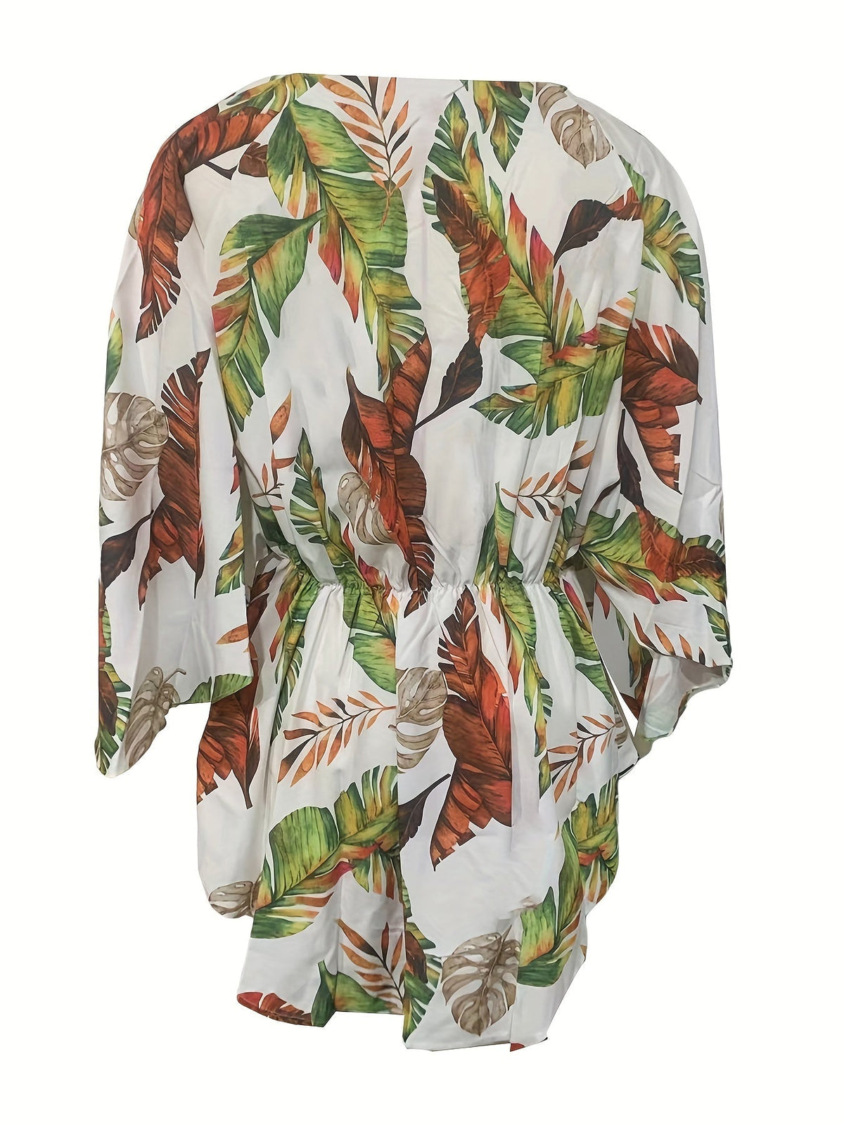 Full Printed V Neck Dress, Casual Tie Waist Batwing Sleeve Dress