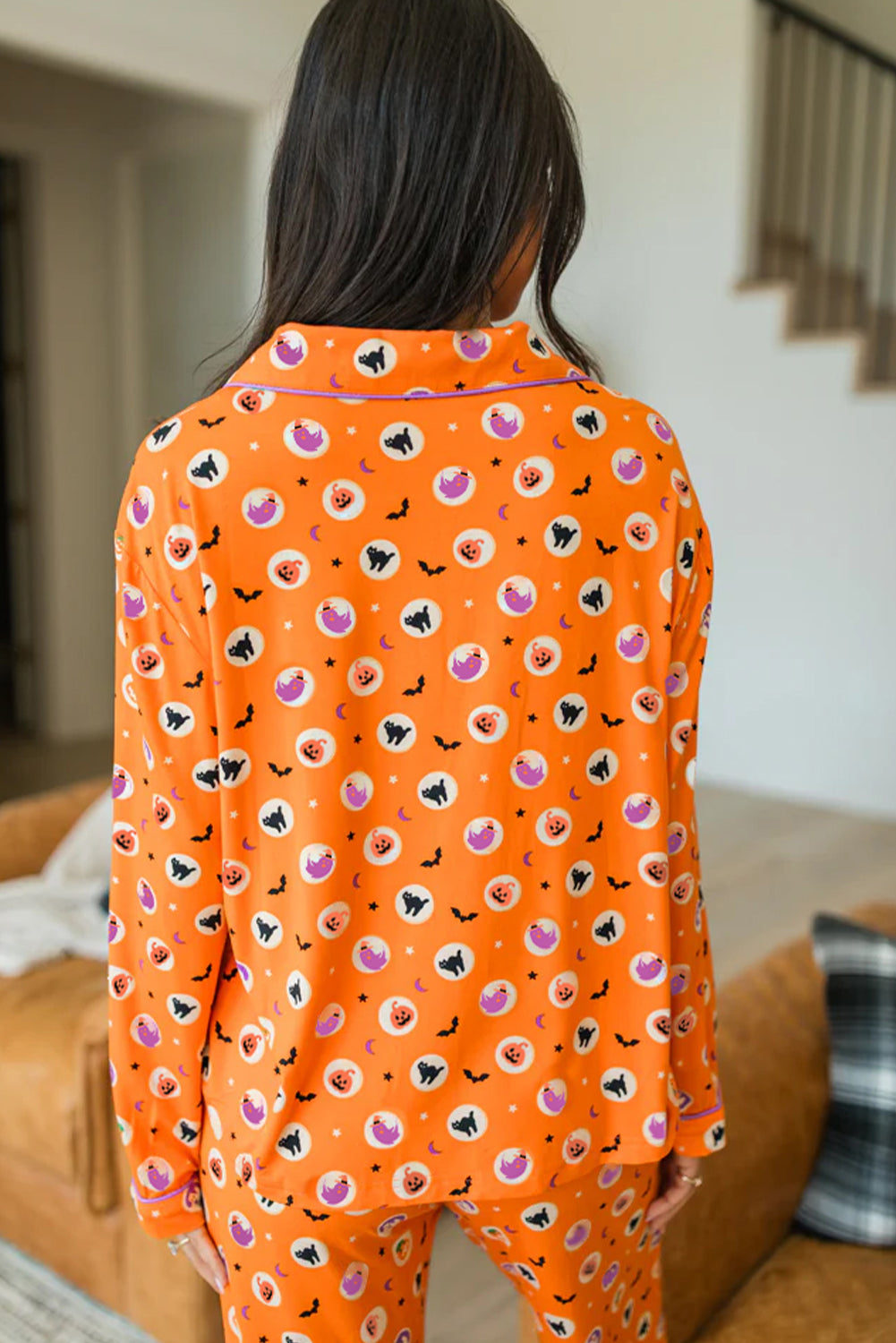 Orange Halloween Print Lapel Shirt Long 2pcs Pajama Set