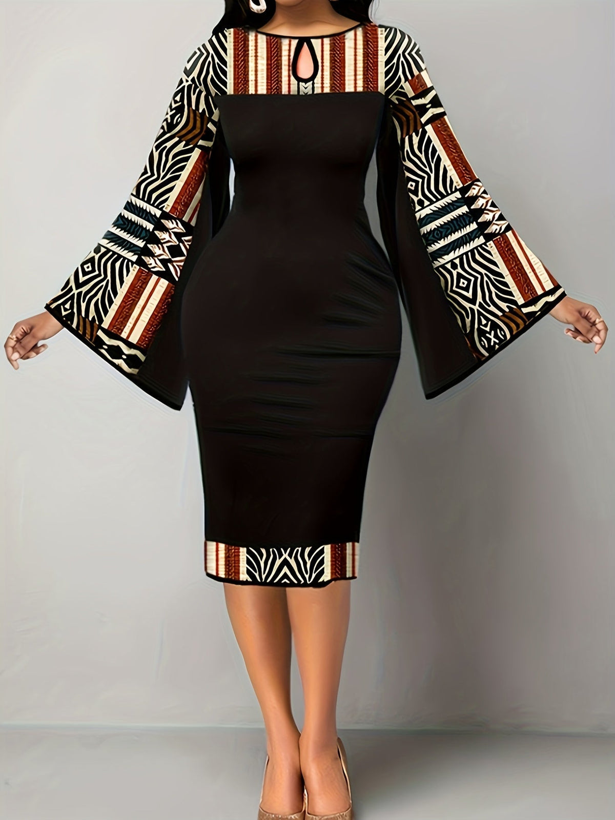 Colorblock Geometric Print Bell Sleeve Round Neck Keyhole Midi Dress