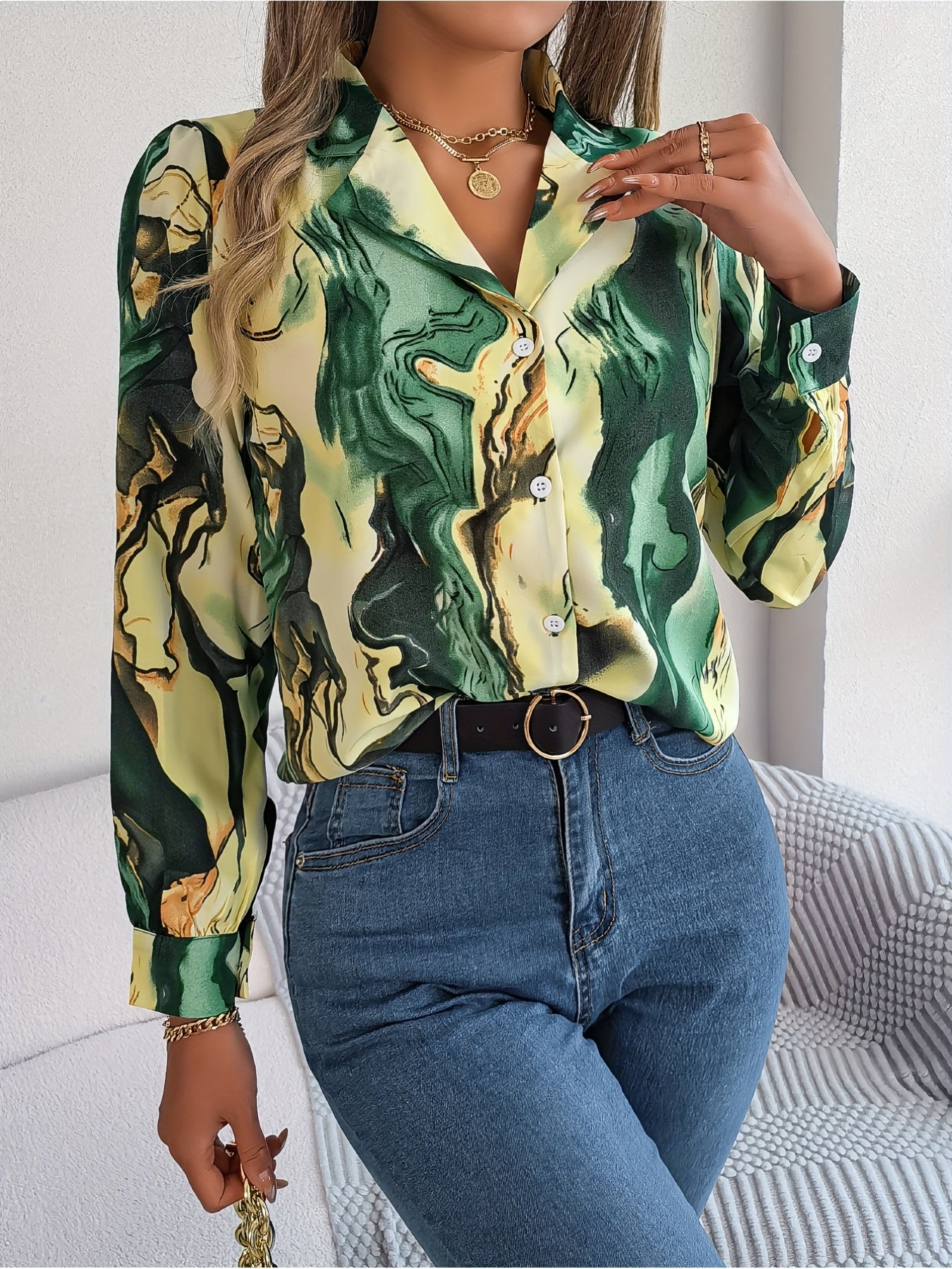 Graphic Print Button Front Shirt, Casual Long Sleeve Shirt