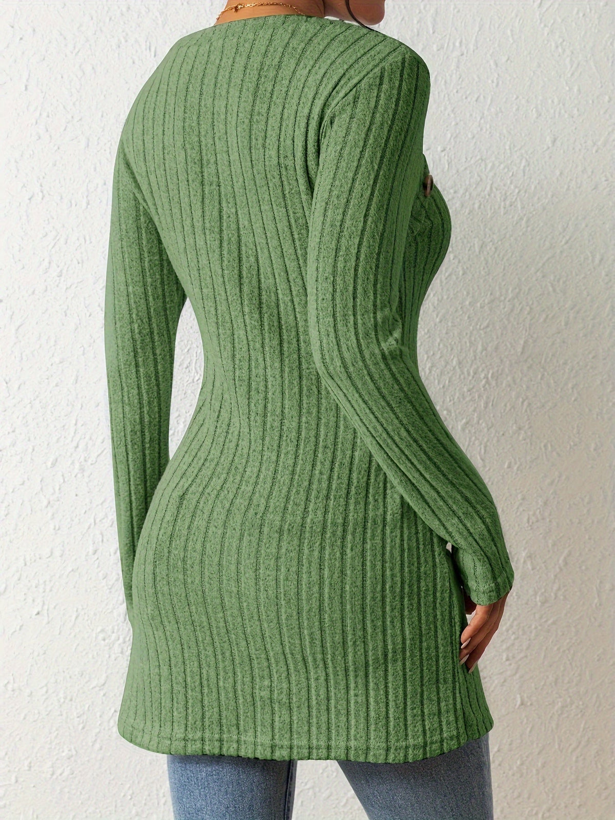 Button Decor Asymmetrical Hem T-Shirt, Casual Ribbed Long Sleeve Top