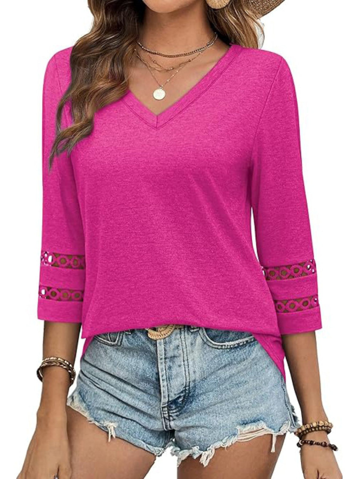 3/4 Length Sleeve Crewneck Lace Tunic Tops