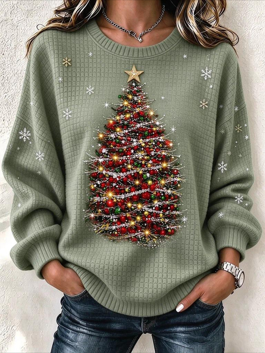 Regular Fit Crew Neck Christmas Tree Casual Sweatshirt