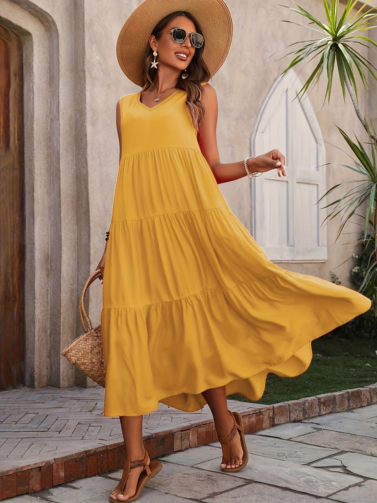 Loose V Neck Ruffle Hem Dress, Casual Sleeveless Dress