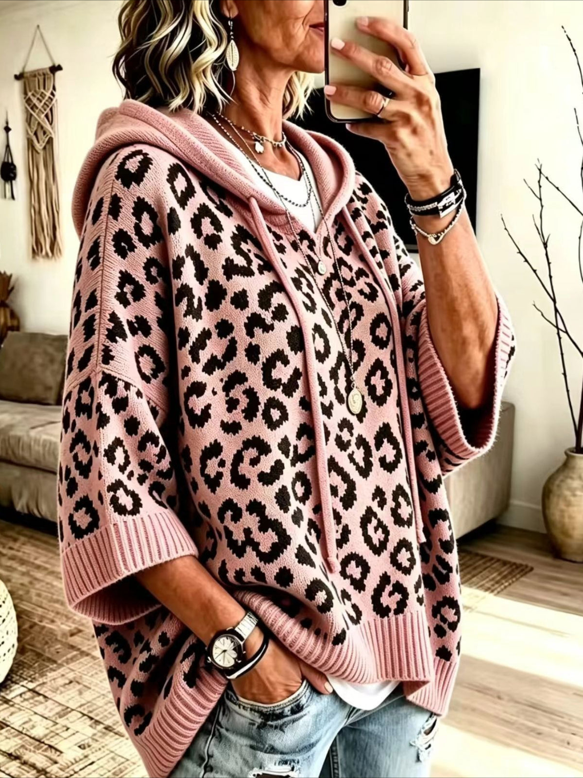 Leopard Pattern Hooded Knit Sweater with Batwing Sleeves