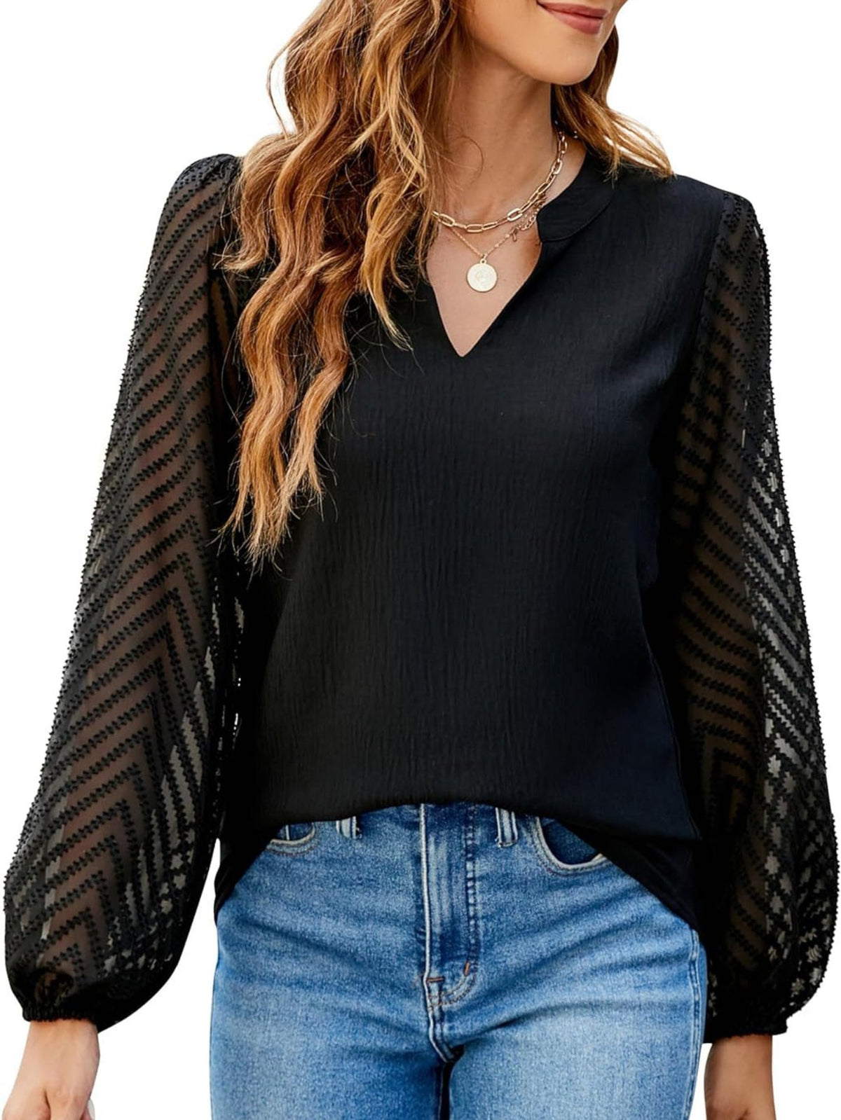 Solid Notched Neck Blouse, Elegant Lantern Sleeve Blouse