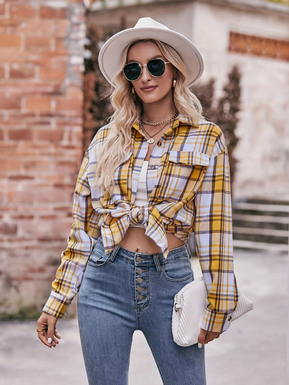 Plaid Print Polo Collar Button Shirt, Casual Long Sleeve Shirt