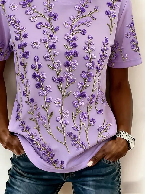 Flower Casual Pattern Crew Neck Short Sleeve T-shirt