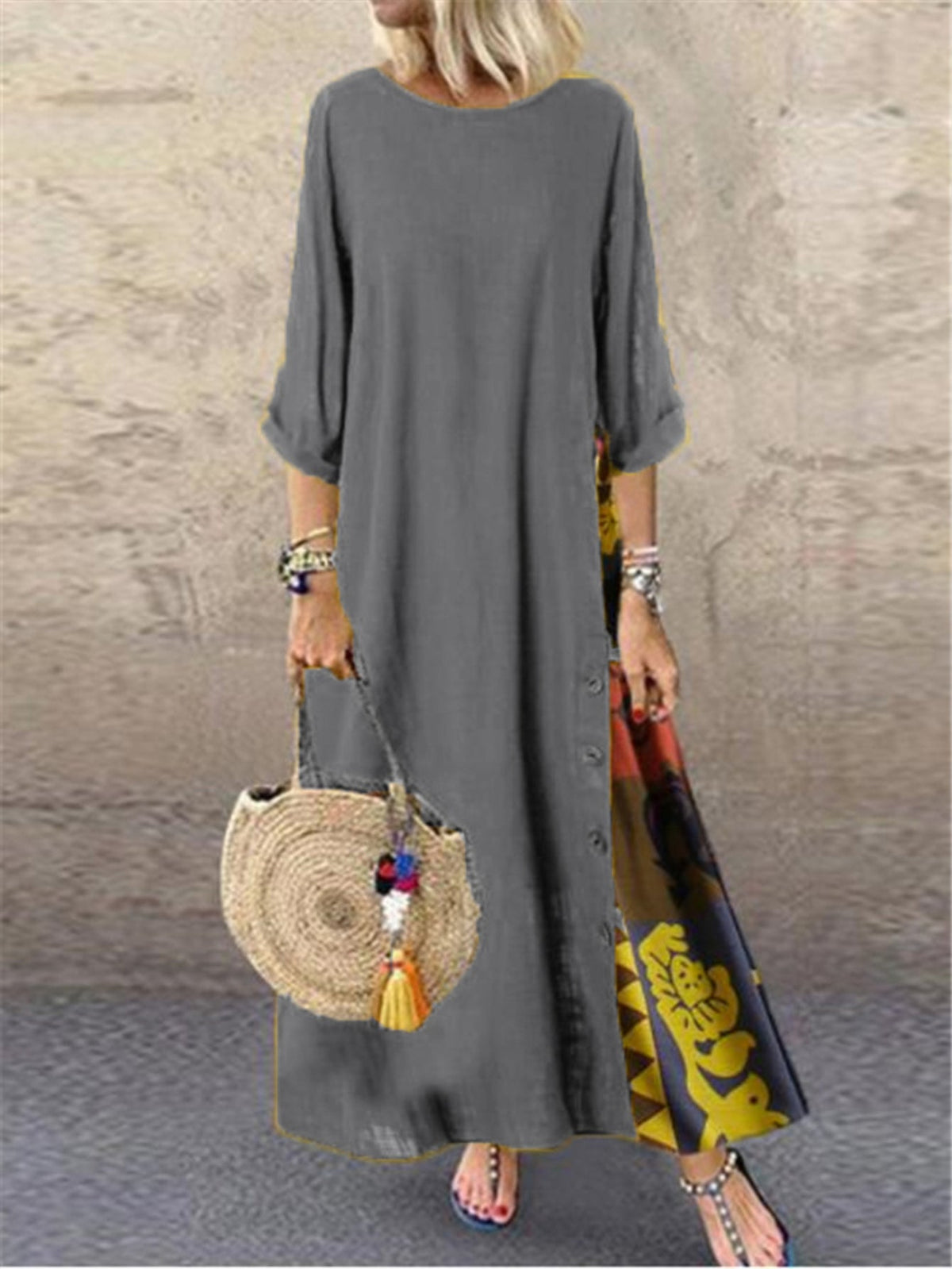 Tribal Print Crew Neck Panel Dress, Casual Long Sleeve Loose Maxi Dress