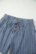 Sky Blue Stripe Drawstring Button Pleated High Waist Denim Shorts