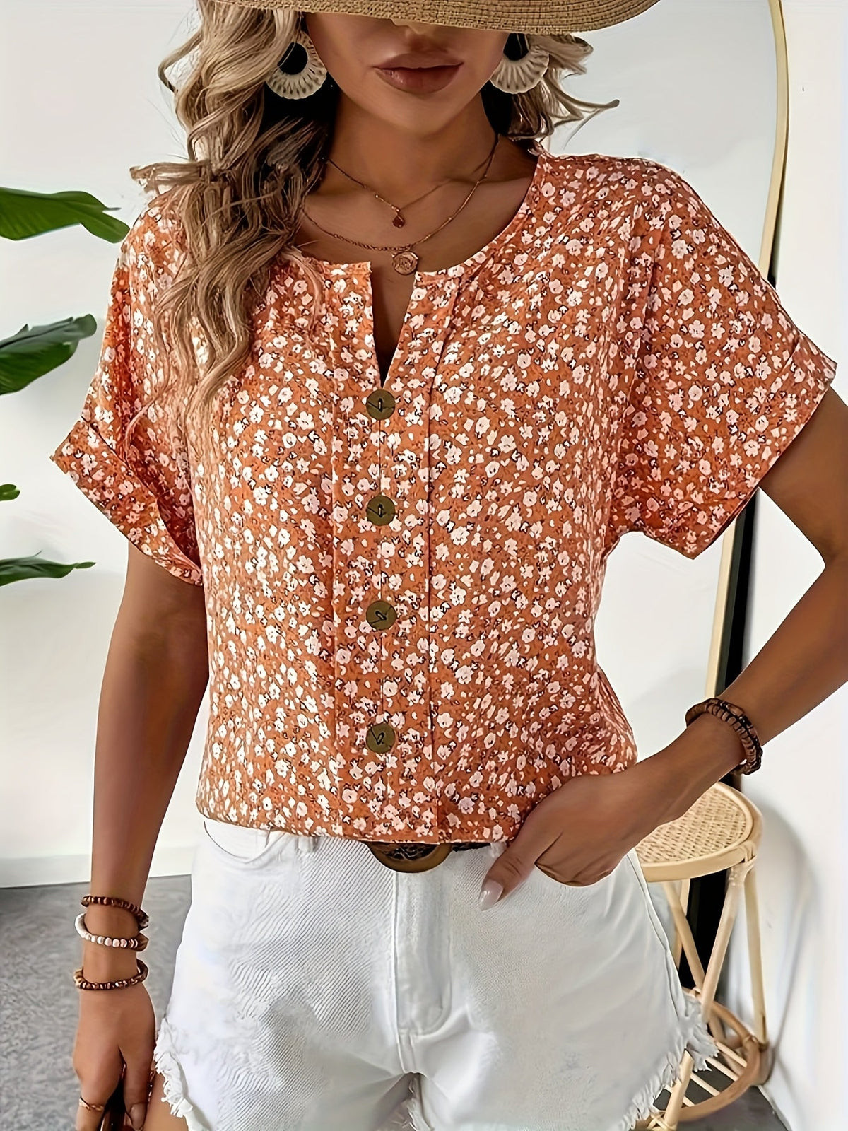 Stunning Floral Print Blouse - Soft Notched Collar, Breathable Polyester & Elastane Blend