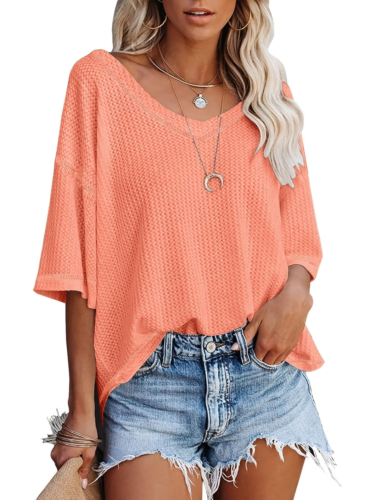 Solid Elegant V Neck T-Shirt, Drop Shoulder Casual Top