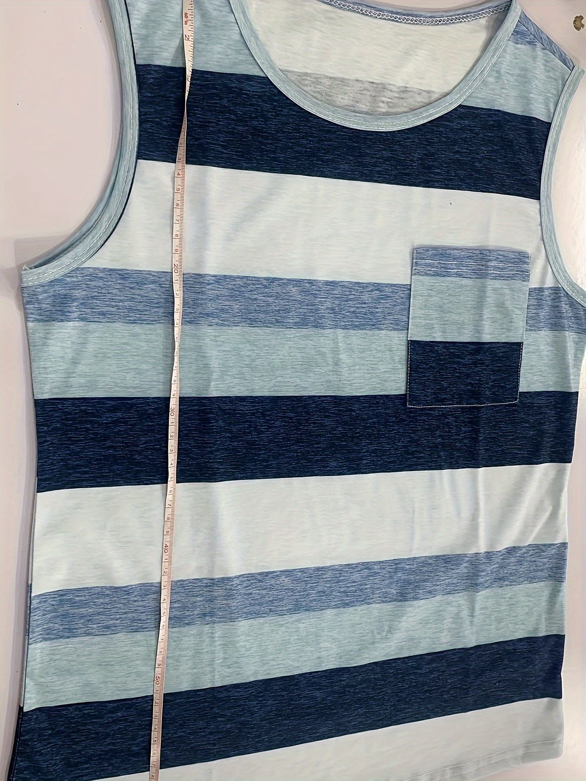 Striped Print Crew Neck Tank Top, Casual Sleeveless Patched Pocket Tank Top