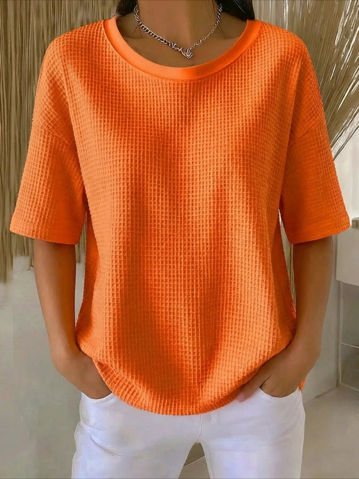 Waffle Solid Color Classic Modern Casual Short Sleeve Crew Neck Regular Tops