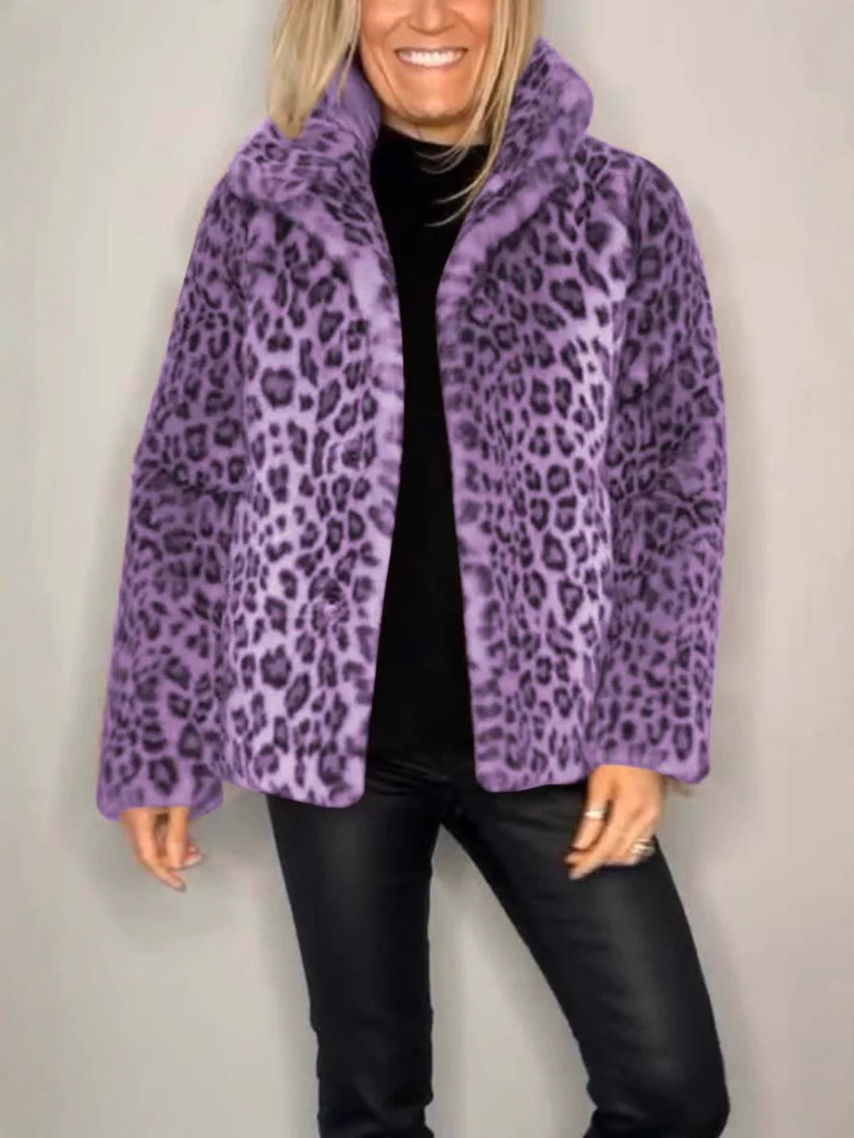 Full Size Leopard Furry Collared Neck Long Sleeve Coat