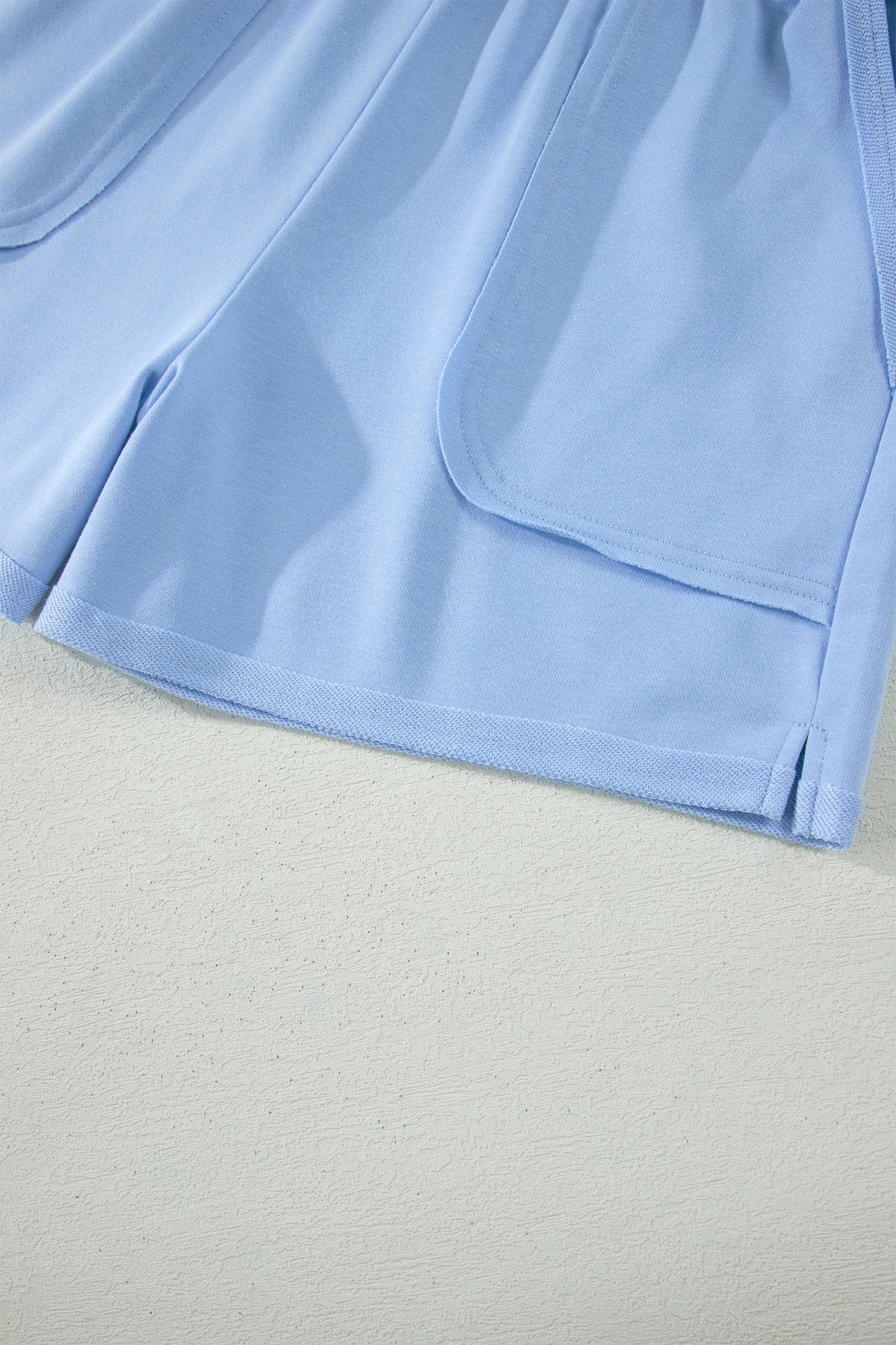 Mist Blue Loose Polo Tee Elastic Waist 2pcs Short Set
