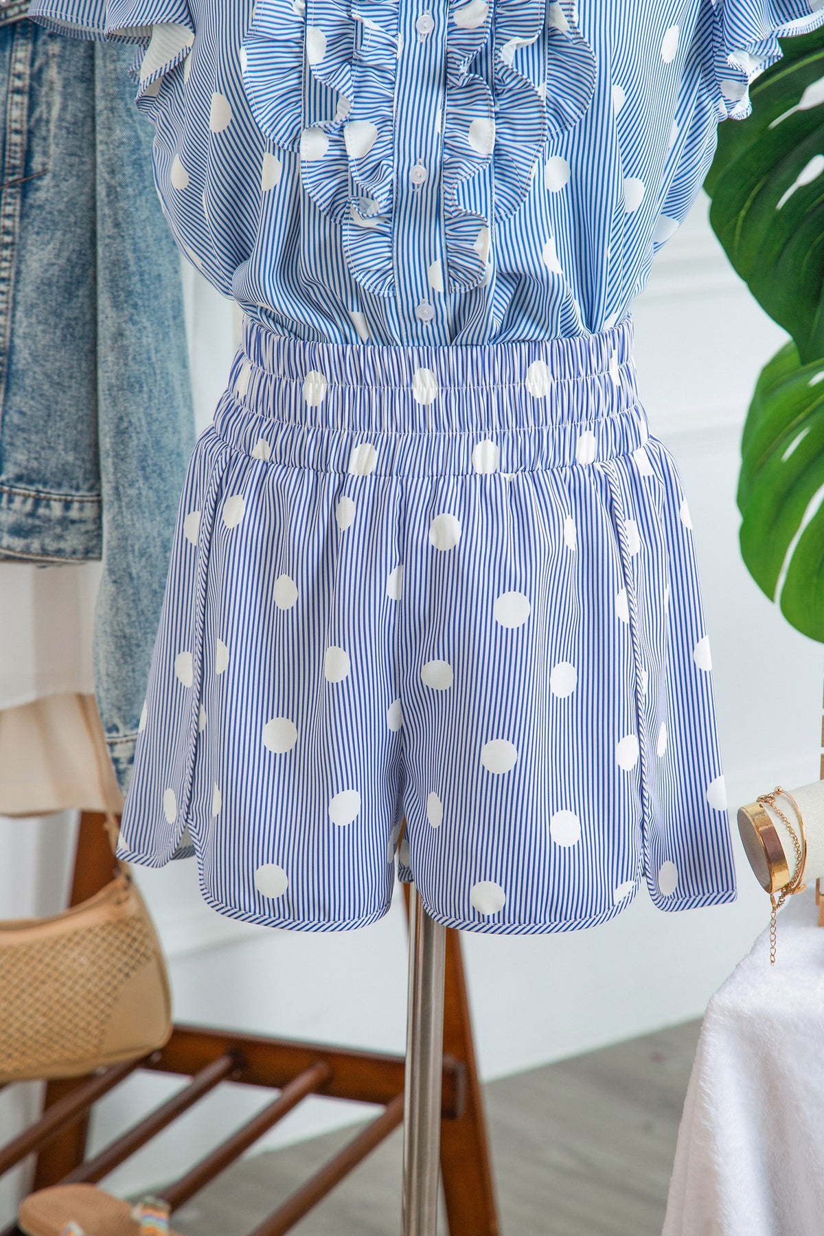 Sky Blue Polka Dot Print Shirred High Waist Casual Shorts