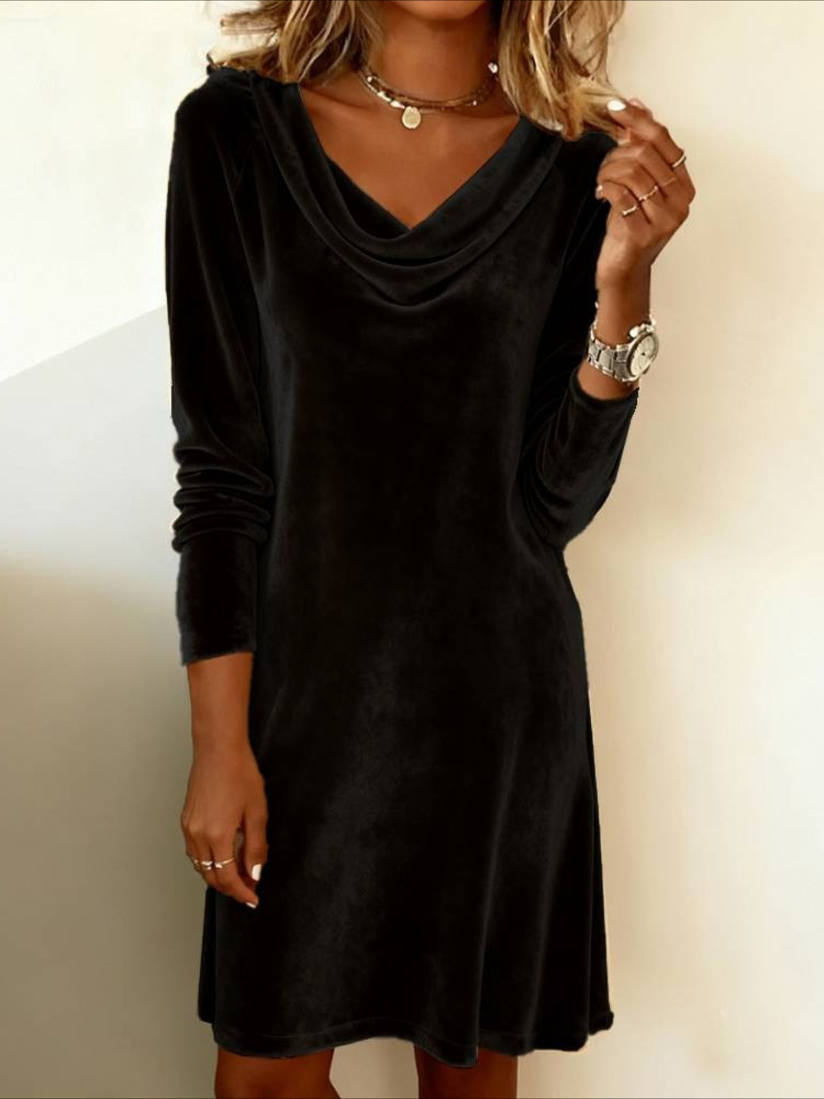 Long Sleeve Spring/Fall Golden Plain Split Joint Mini A-Line Fit & Flare Dress